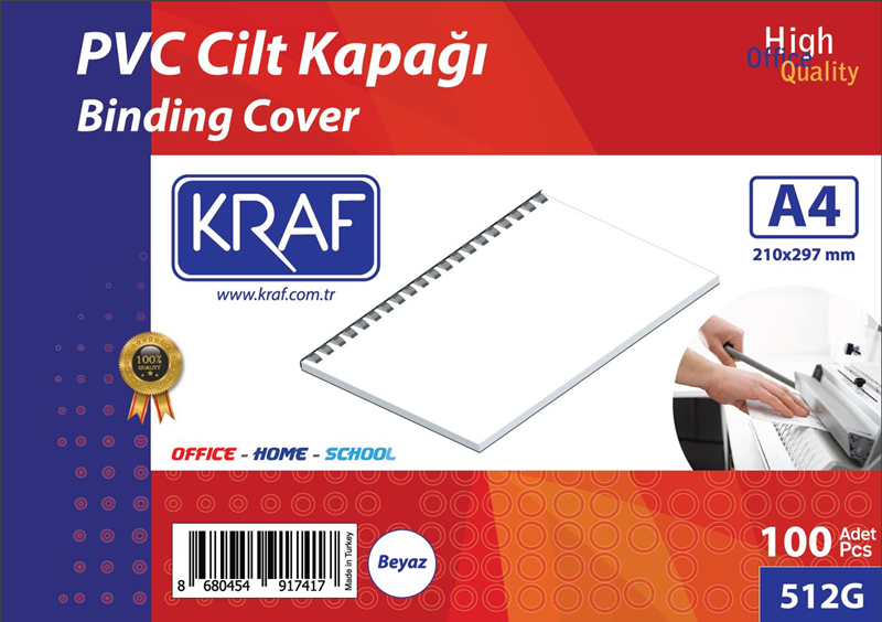KRAF CİLT KAPAĞI A4 160 MİC. 100 LÜ BEYAZ 512G